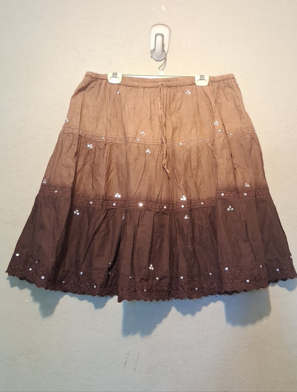 Angie Brown 100% Cotton Tiered Skirt Embroidered Sequin SzL Peasant Y2k